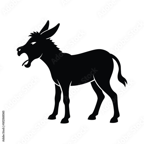 Silhouette of a donkey with its mouth open as if braying loudly against a clean white background