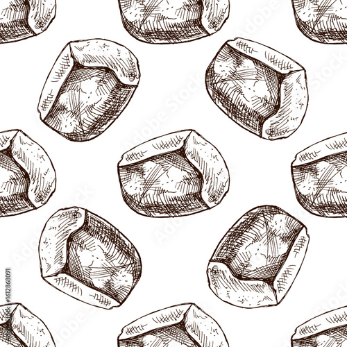 Hand drawn vintage seamless pattern of sketch mineral rocks with deep facets in monochrome