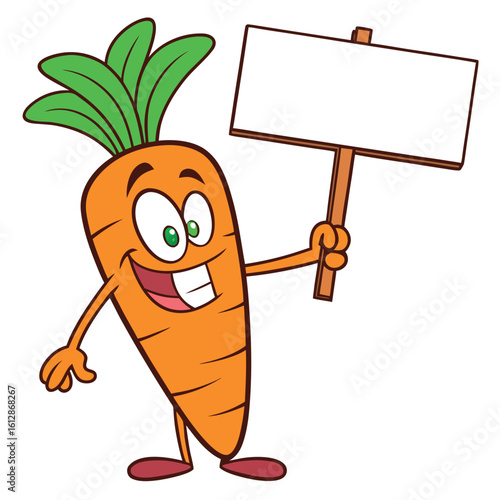 Cheerful carrot character holds a blank white sign with a broad smile on its face