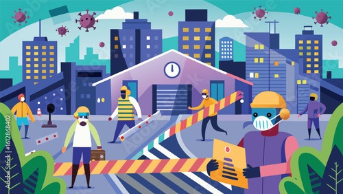 Community safety measures in urban area during health crisis with masked individuals and barriers