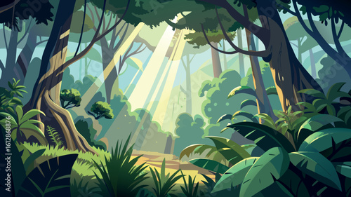 Sunlight filters through lush foliage in a serene jungle landscape during midday