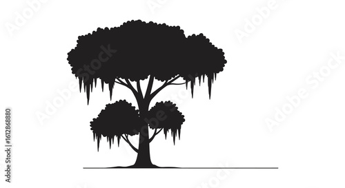 Silhouette of a Tree with Spanish Moss on a White Background