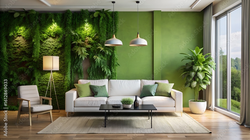 Fototapeta premium Modern living room with a green wall