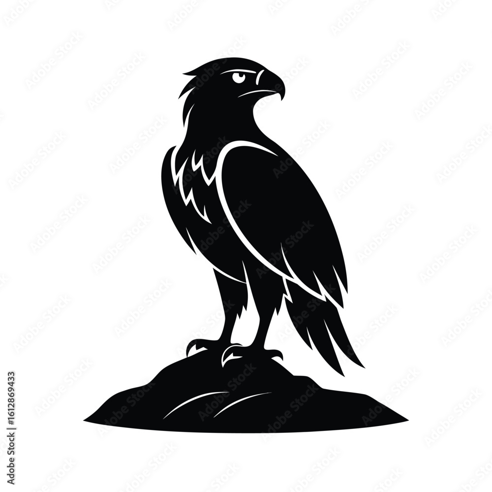 Fototapeta premium Majestic eagle perched on a rocky outcrop silhouette on a clean white background