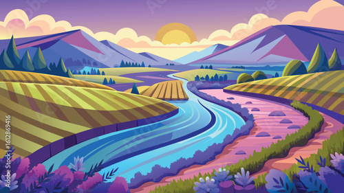 Serene river winding through colorful fields and mountains under a vibrant sunset sky