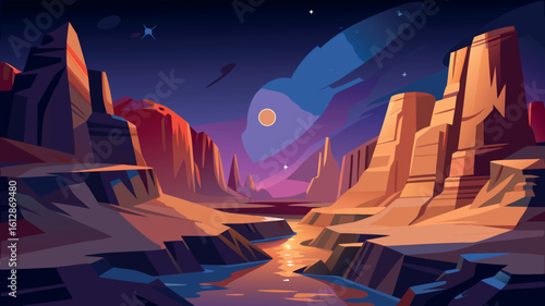 Vibrant desert landscape under a night sky with a river reflecting celestial bodies
