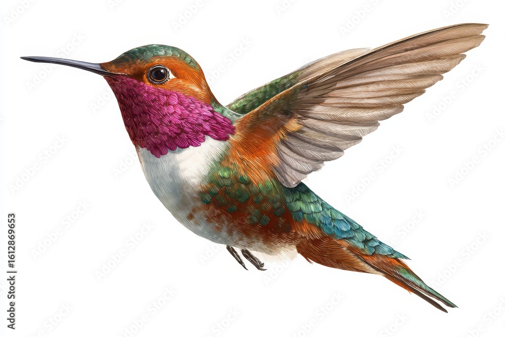Obraz premium Hand-drawn illustration of a hummingbird Colubris archilocus showcasing its vibrant colors and intricate details in flight near a flowering plant in a natural habitat