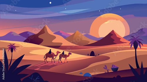 Journey through a vibrant desert landscape at sunset with camels and silhouettes of mountains