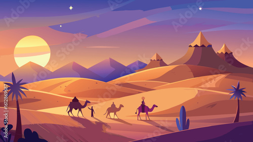 Sunset in the desert with camels and travelers crossing the sandy landscape
