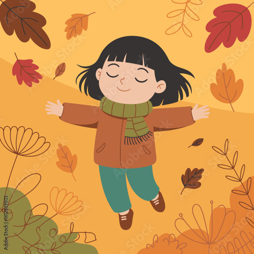Autumn Joyful Child Playing in Leaves Illustration