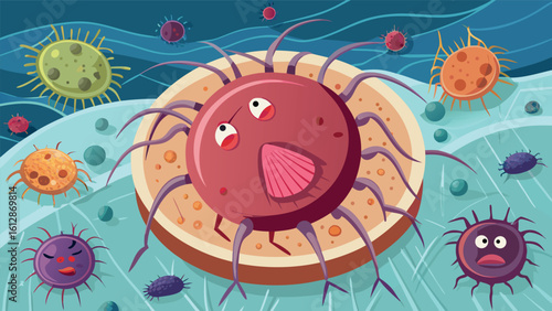 Colorful illustration of germs and bacteria in a microscopic world with various shapes and expressions on a lab dish set against a blue background