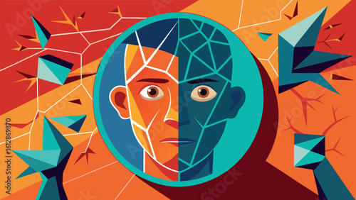 Artistic representation of mental health struggles with fragmented face and contrasting colors