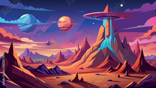 Breathtaking alien landscape featuring mountains, colorful planets, and a mysterious spacecraft hovering above at twilight