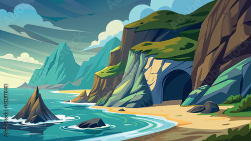 Serene coastal landscape with cliffs, waves, and a rocky beach during the daytime