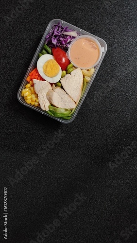Suitable for food blogs, social media posts, and advertisements showcasing healthy eating habits and meal prep inspiration. Perfect for promoting fresh and convenient meal options.