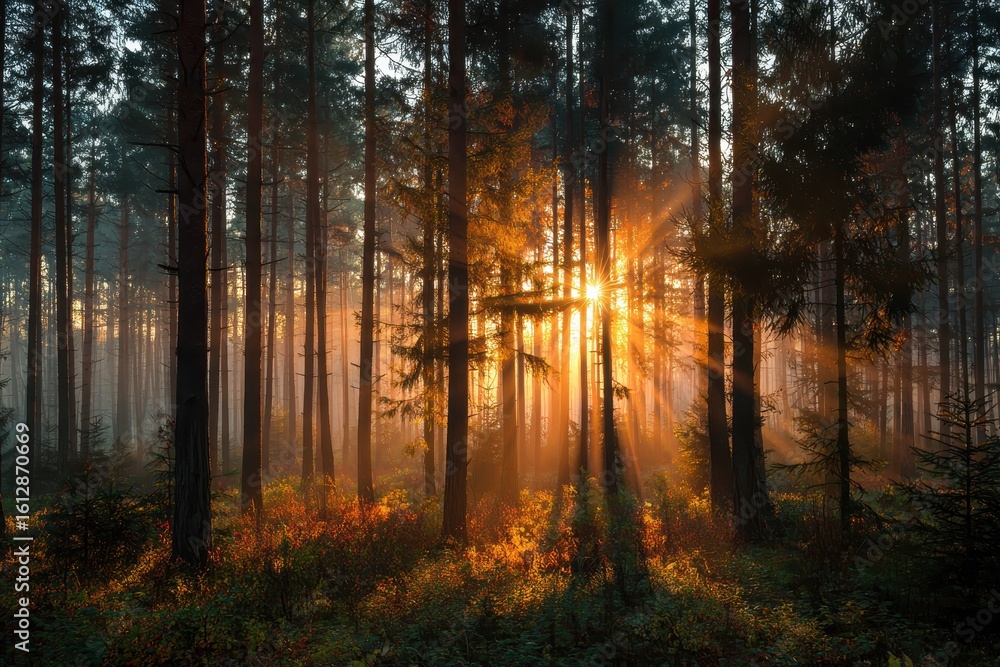 Fototapeta premium Sunrise illuminates foggy forest with rays of sunlight piercing through tall trees and vibrant undergrowth