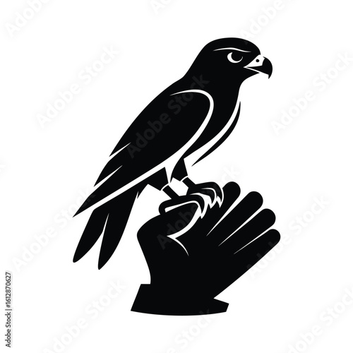 Silhouette of a falcon perched on a gloved hand against a clean white background