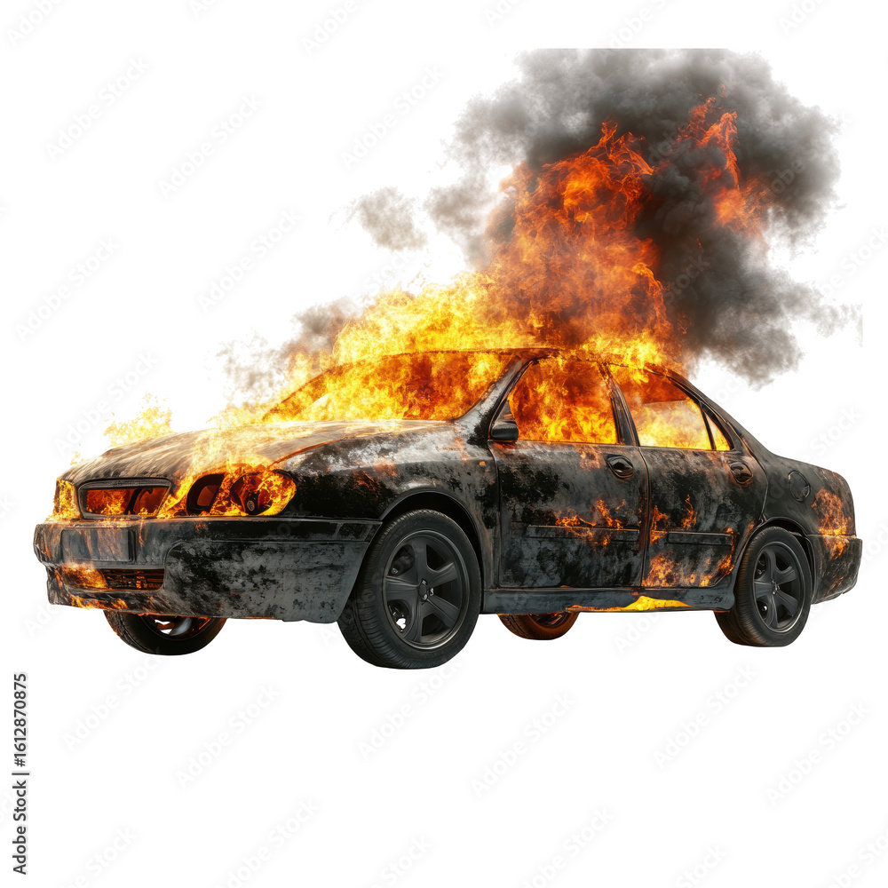 Obraz premium Burning Black Sedan Car engulfed in Flames isolated on a transparent background burning car