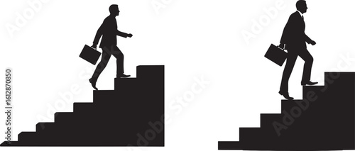 Two businessmen silhouettes climbing stairs isolated on white background silhouette