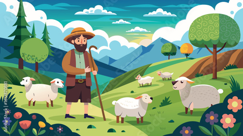 Man herding sheep in a vibrant countryside landscape with mountains and trees under a bright sky during daylight