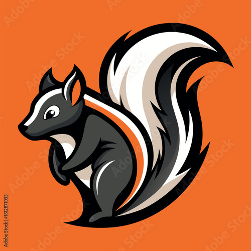Cartoon illustration of a playful squirrel with a bushy tail on a vibrant orange background