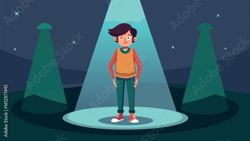 Young person stands under a spotlight surrounded by alien silhouettes in a mysterious outdoor setting at night