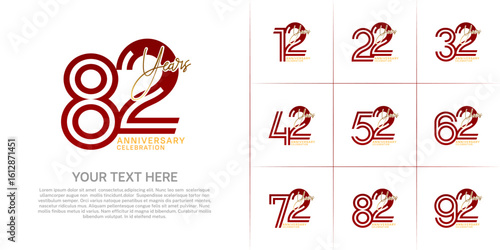 Anniversary set design with double line number and handwriting. red and golden color for celebration event