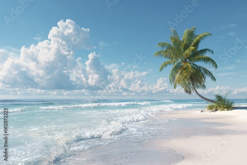 Wallpaper Mural Breathtaking view of a pristine beach featuring white sand, gentle waves, and a swaying palm tree under a bright blue sky with fluffy clouds Torontodigital.ca
