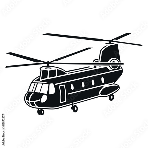 Black twin rotor helicopter isolated on a clean white backdrop stands out clearly