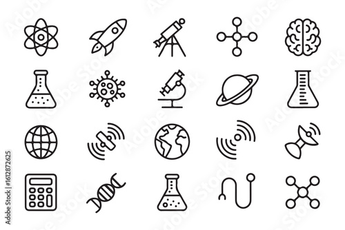 Collection of scientific icons representing various fields of study including biology chemistry astronomy and medicine research and education