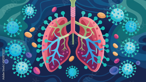 Lungs surrounded by viruses and pathogens in a colorful digital illustration highlighting respiratory health