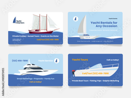 Business card design for yacht rental services featuring various offerings and contact information for inquiries