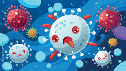 Colorful cartoon representation of various viruses in a whimsical underwater scene with playful characters
