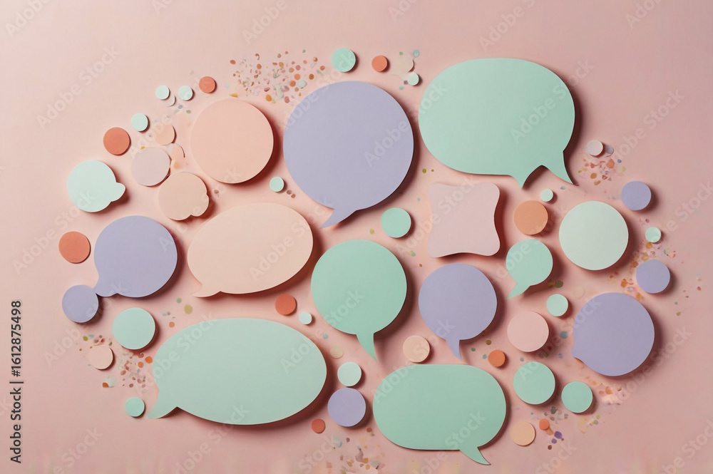 Pastel speech bubbles and confetti on pink background pastel colors purple Pastel speech bubbles and confetti on pink background pastel colors purple