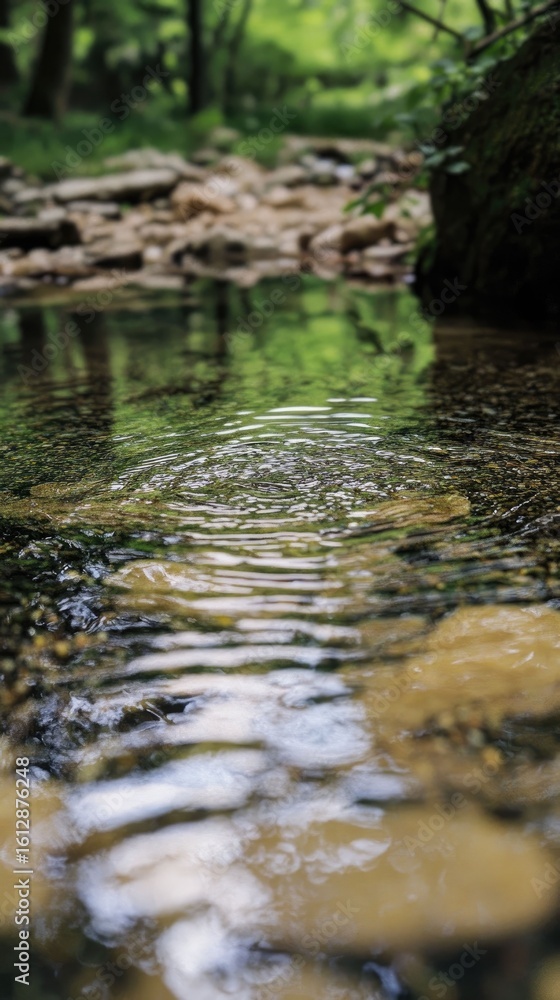 Obraz premium Ripples on tranquil forest stream, clear water, sunlight.