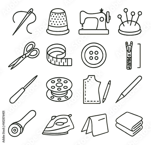 Sewing tools collection: needle, sewing machine, scissors, button, tape measure