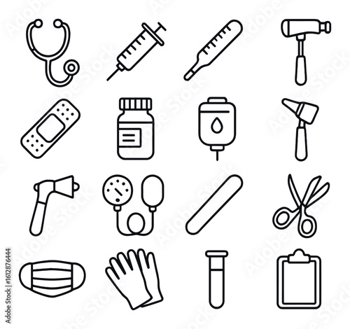 Medical equipment icons: stethoscope, syringe, thermometer, scalpel, mask, gloves, medicine
