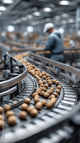 Production line processing walnuts in a modern facility during daylight hours