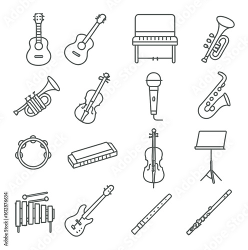 Collection of various musical instruments illustrations in monochrome style