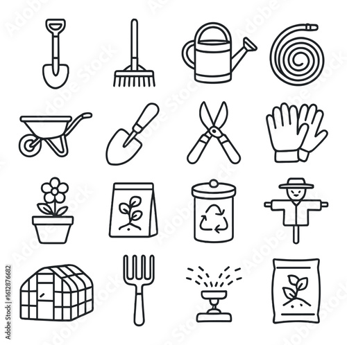 Intricate garden tool icons set featuring wheelbarrow, sprinkler, and greenhouse