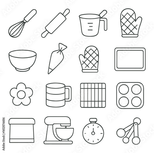 Kitchen utensil icons: whisk, rolling pin, measuring cup, oven mitt, baking tools