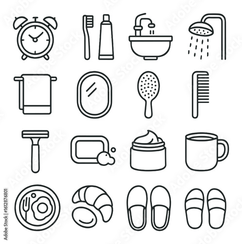 Set of 16 bathroom and morning routine line icons in monochrome style