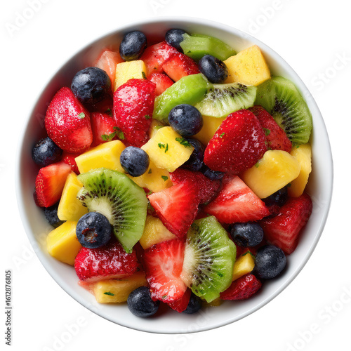 Vibrant fruit salad in a white bowl.  A colorful mix of diced mango, kiwi, strawberries, and blueberries