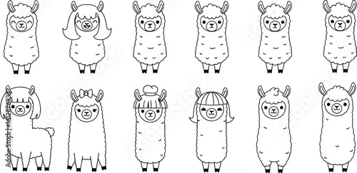 Cute cartoon alpaca set, funny llama characters collection, hand-drawn fluffy animals, black and white vector illustration for kids, adorable style
