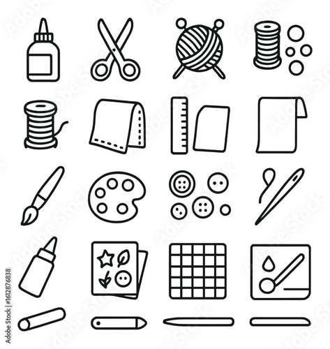 Craft tools icons set featuring sewing, knitting, and painting supplies on gray background