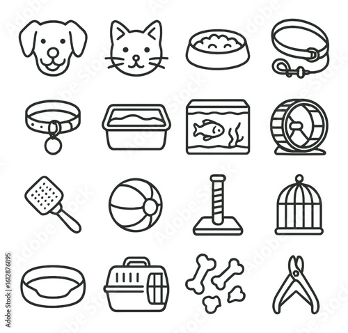 Pet care essentials: dog, cat, fish, and small animal accessories icons