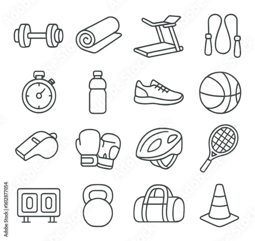 Outline icons of gym equipment and sports items on gray background