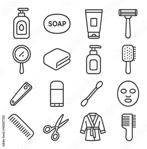 Line art icons of hygiene and grooming products on gray background