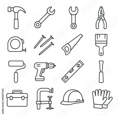 Collection of hand tools and safety gear on textured background