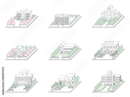 建物の立体的なイラスト. 線画.